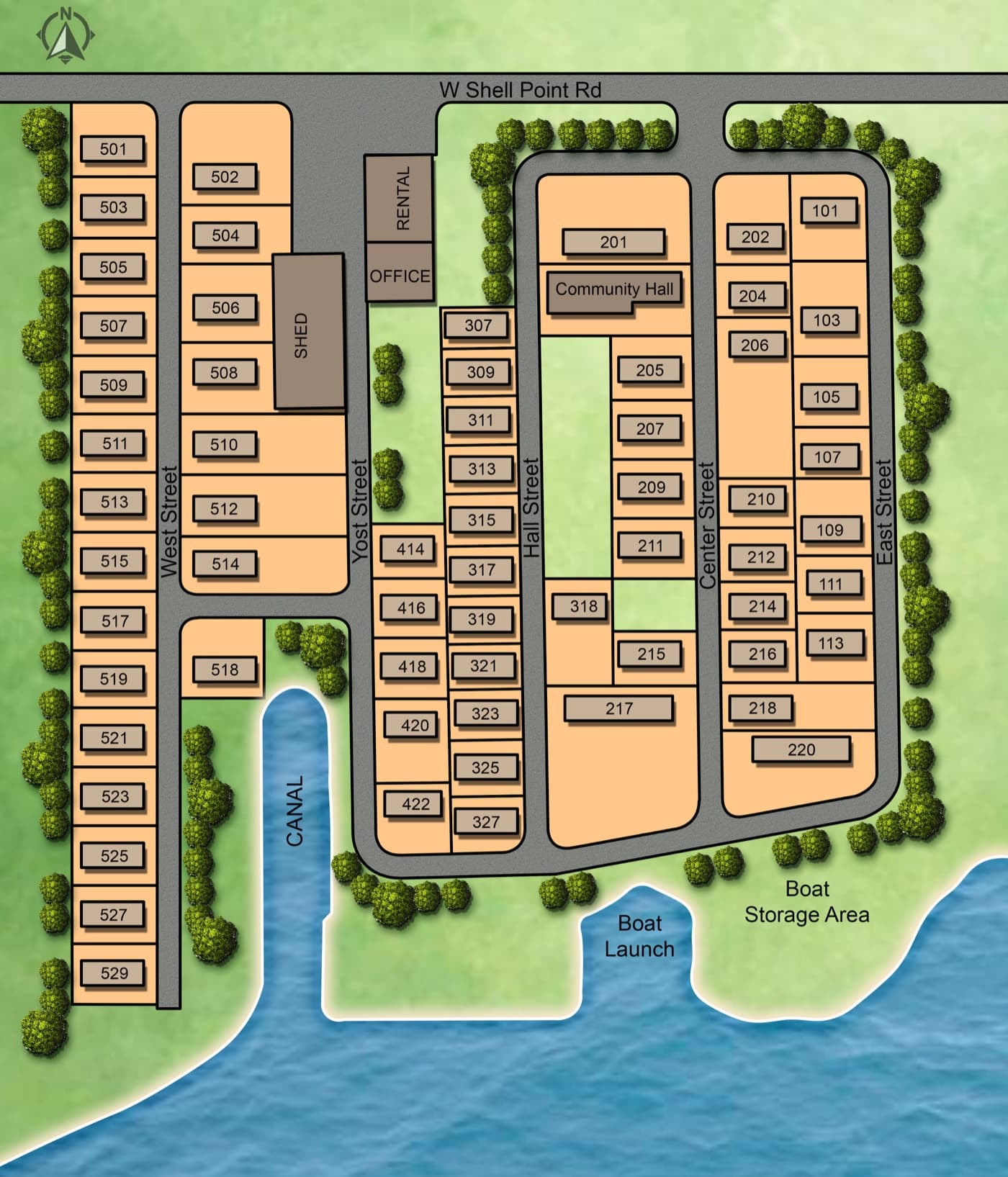 Site map of Sunset Bay showing streets, home lots, the boat launch, boat storage area, and the canal